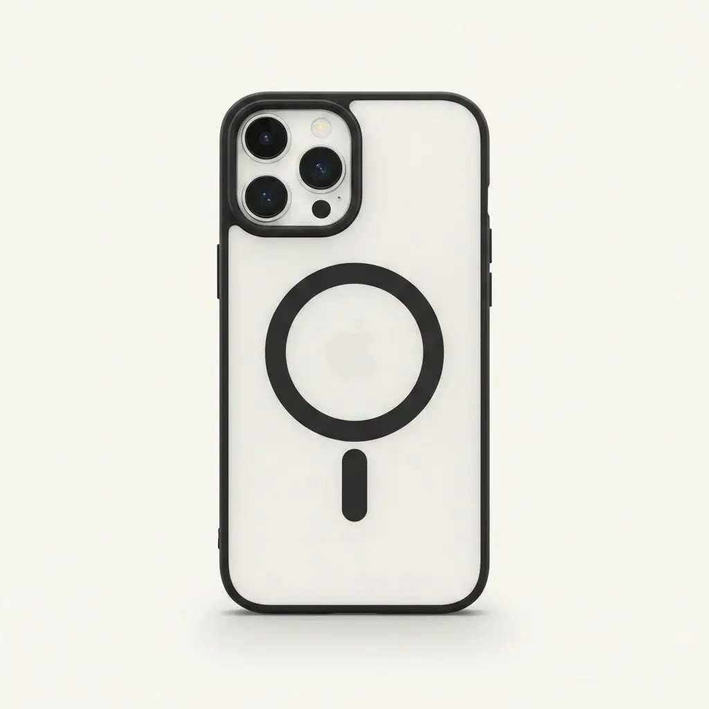 Apple iPhone clear hard MagSafe case with black edges, a raised camera rim and bold magnetic ring