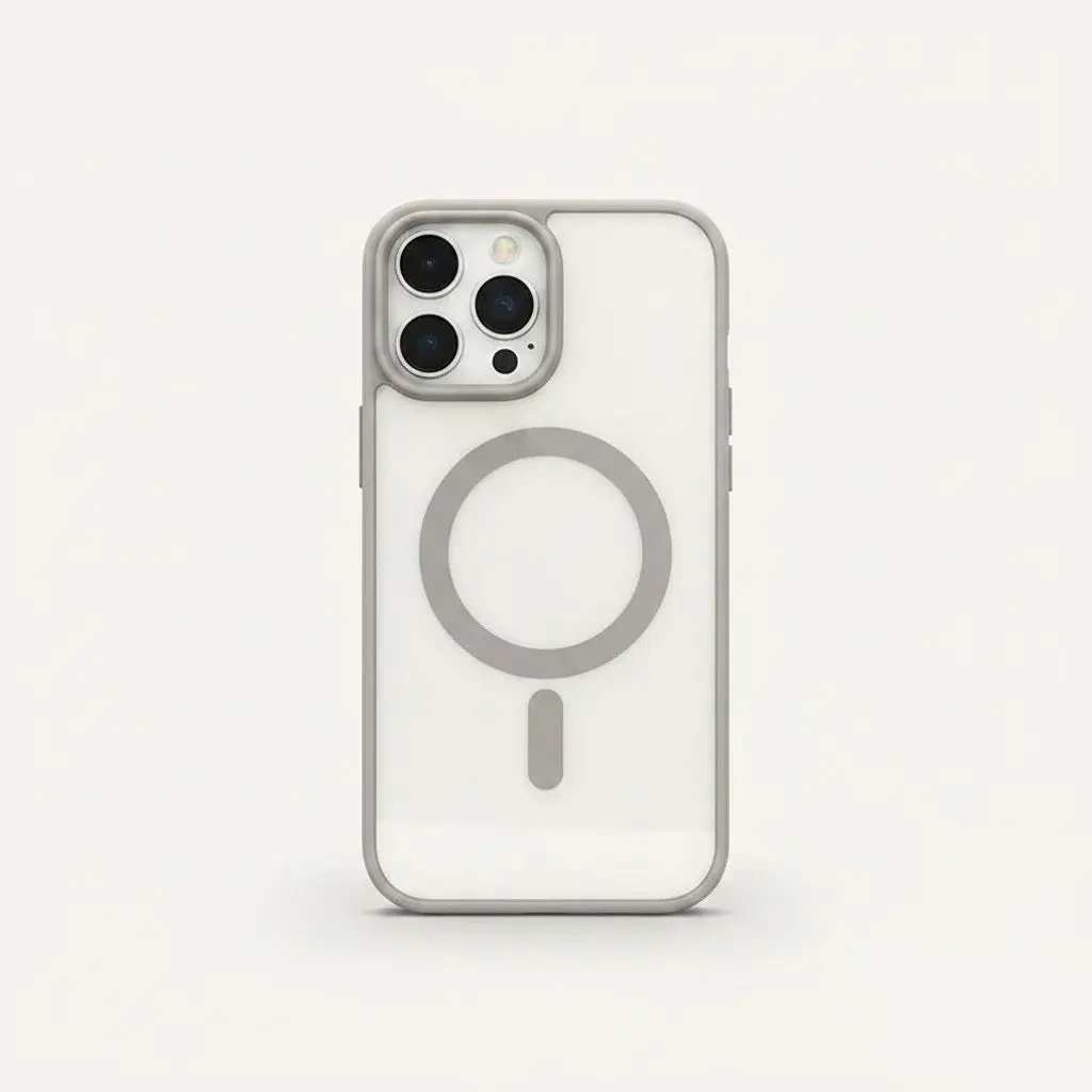 Apple iPhone clear hard MagSafe case with a transparent shell, silver-gray edges, and a visible circular magnetic ring