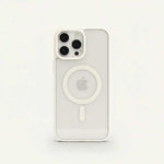 Apple iPhone clear hard MagSafe case with a translucent white shell, raised camera surround and white magnetic ring