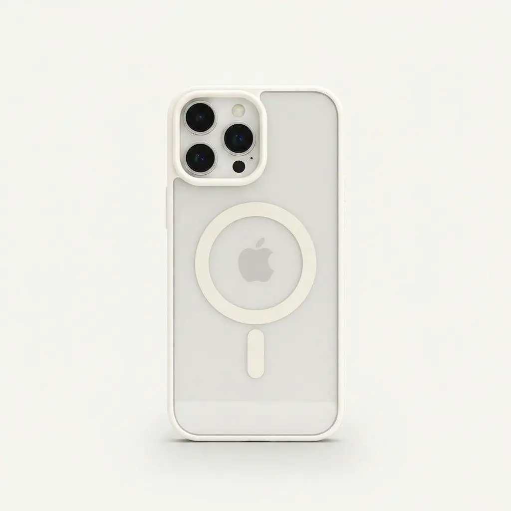 Apple iPhone clear hard MagSafe case with a translucent white shell, raised camera surround and white magnetic ring
