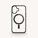 Apple iPhone clear magnetic case with black reinforced edges, circular MagSafe ring and camera cutout