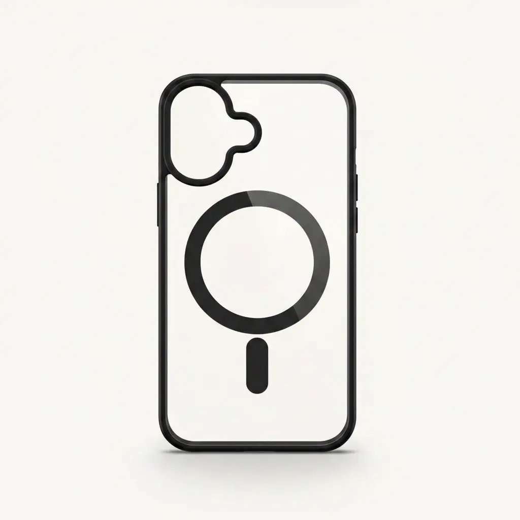 Apple iPhone clear magnetic case with black reinforced edges, circular MagSafe ring and camera cutout