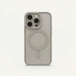 Apple iPhone clear magnetic case with a translucent gray finish, raised camera edges and visible MagSafe ring