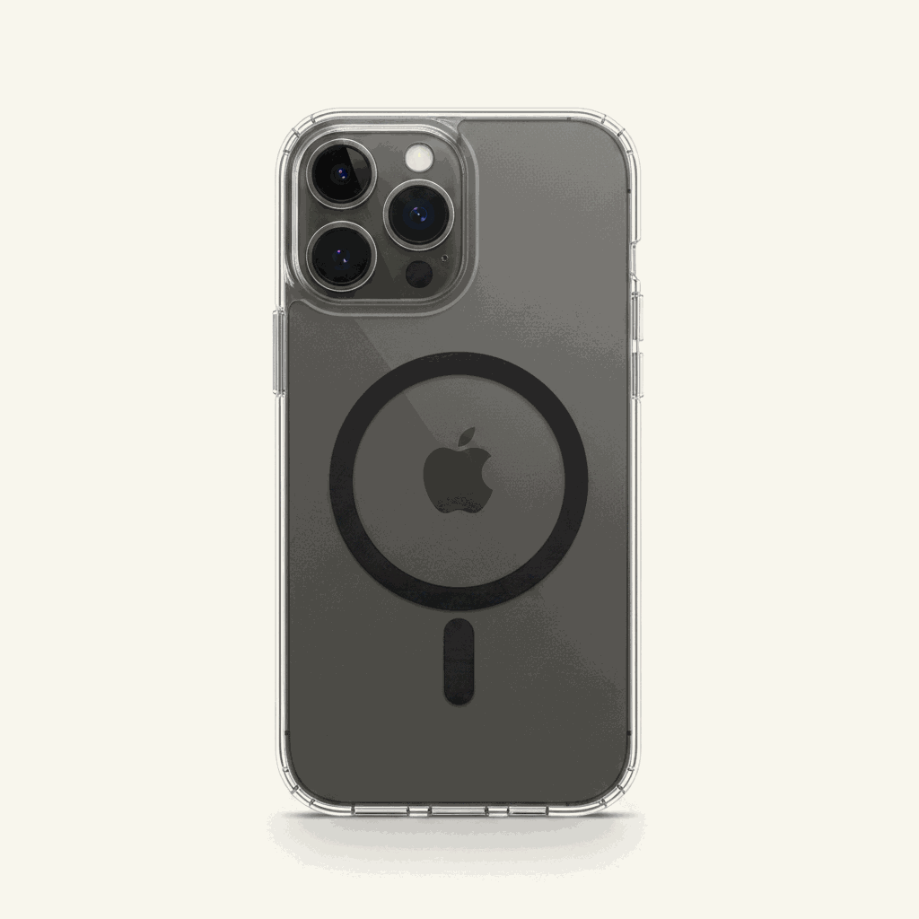 Apple iPhone clear MagSafe case with a transparent, slim shell and visible black magnetic ring and camera cutouts