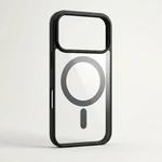Apple iPhone clear MagSafe case with a transparent back, black shockproof frame, and visible magnetic ring