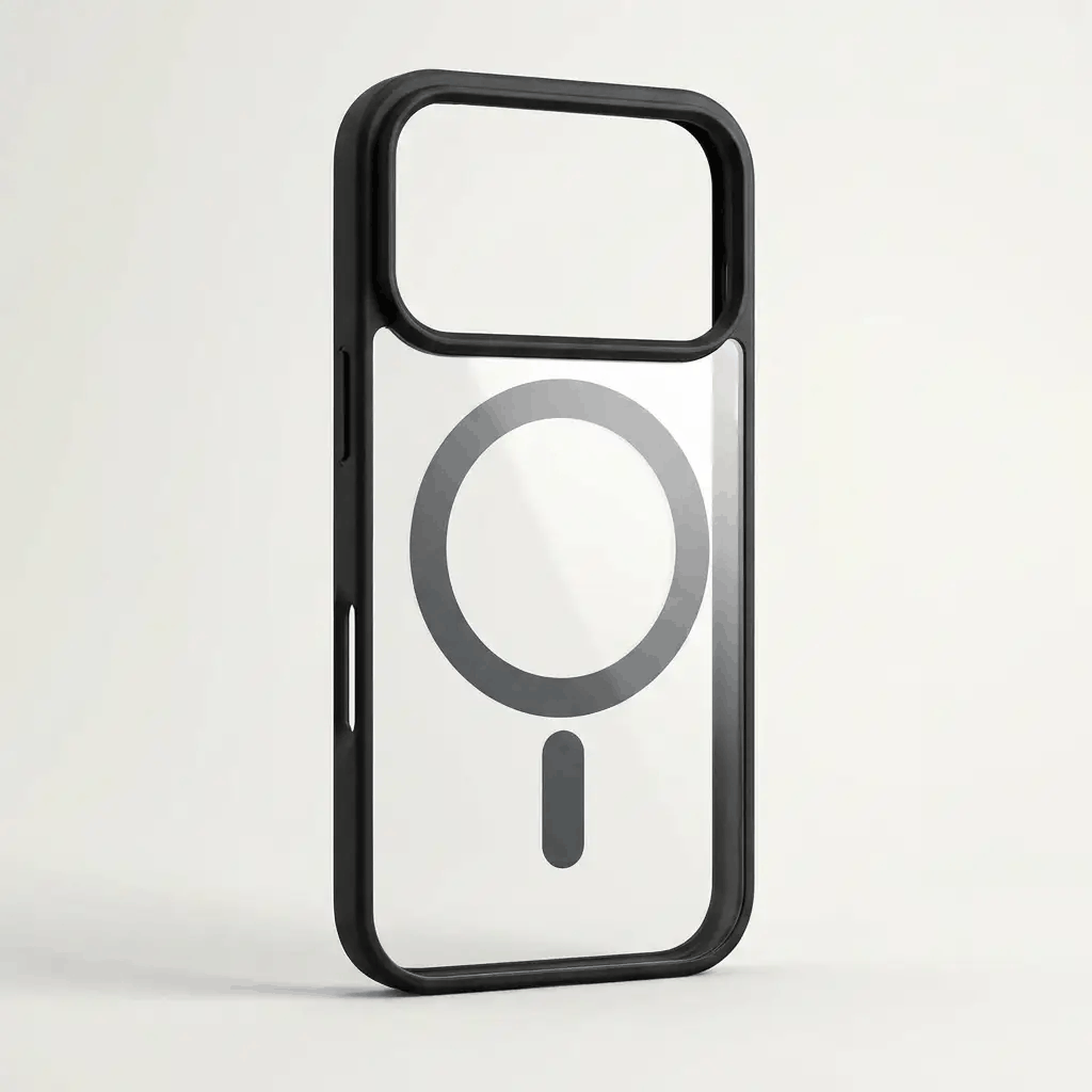 Apple iPhone clear MagSafe case with a transparent back, black shockproof frame, and visible magnetic ring