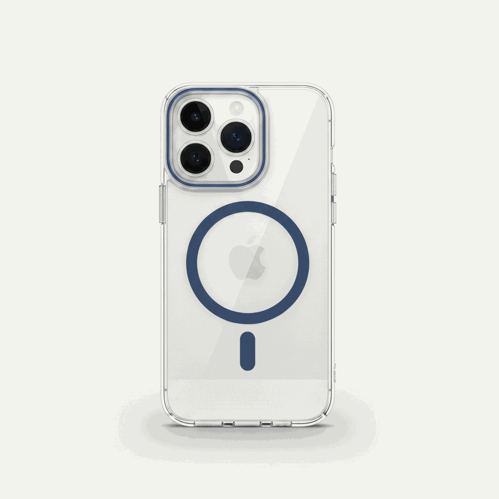 Apple iPhone in a clear slim case with a blue MagSafe ring and raised camera lens edges