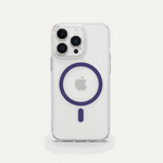 Apple iPhone clear MagSafe case with a transparent slim shell and purple magnetic ring and alignment bar