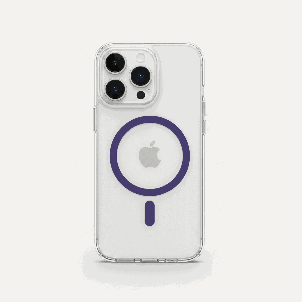 Apple iPhone clear MagSafe case with a transparent slim shell and purple magnetic ring and alignment bar