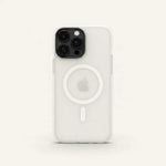 Apple iPhone case with a clear matte semi-translucent back, white MagSafe ring, and raised camera cutout