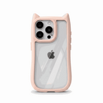 Apple iPhone case with a clear back, pale pink flexible bumper, raised cat ears and a protective camera rim