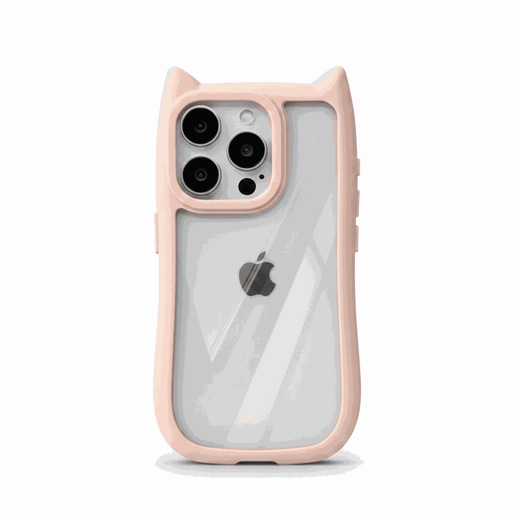 Apple iPhone case with a clear back, pale pink flexible bumper, raised cat ears and a protective camera rim