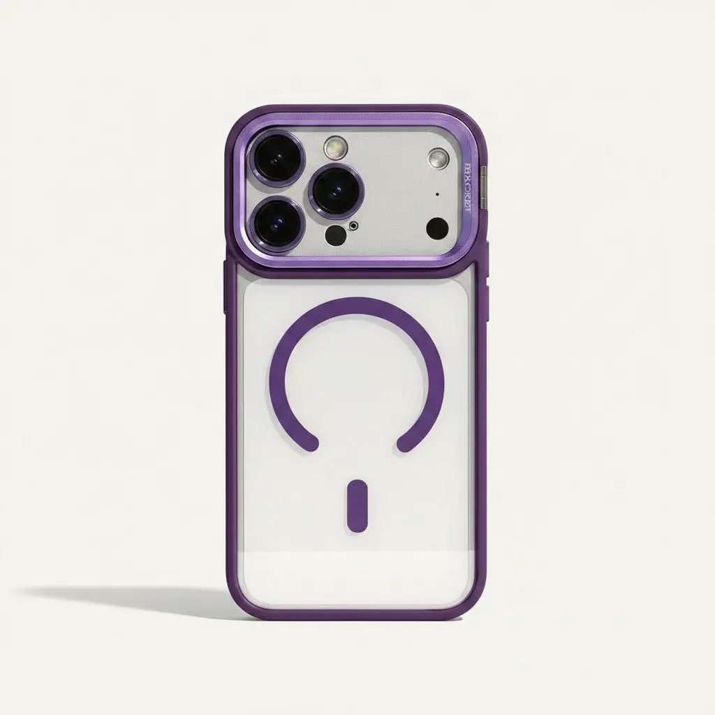 Apple iPhone case with a clear back, purple edges and magnetic ring, plus a raised purple camera guard