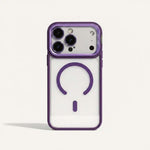 Apple iPhone case with a clear back, purple edges and magnetic ring, plus a raised purple camera guard