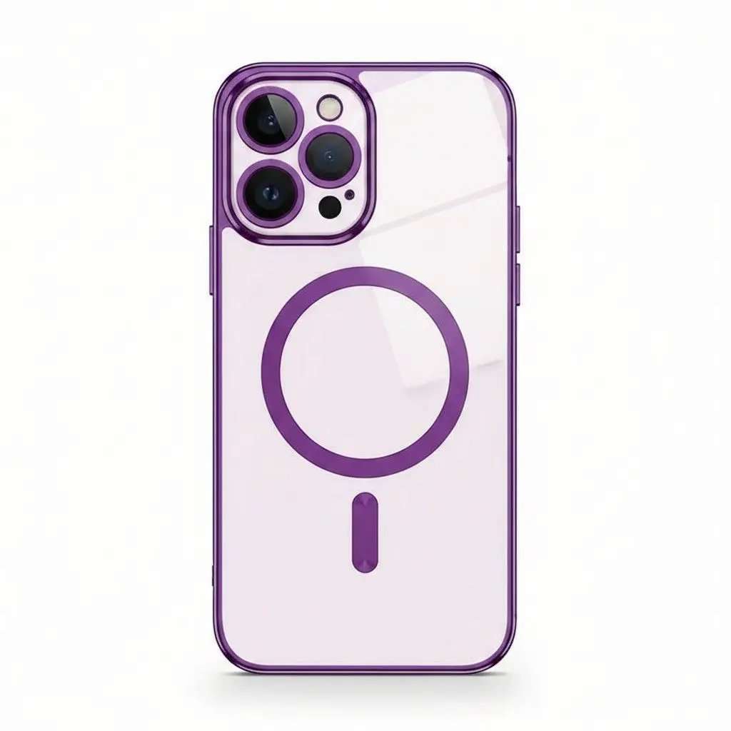 Apple iPhone case in clear semi-transparent material with purple edges, MagSafe ring and raised camera lens protection