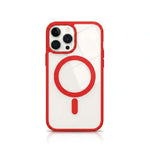 Apple iPhone clear magnetic case with a red bumper, red MagSafe ring and pill accent, and a raised camera surround