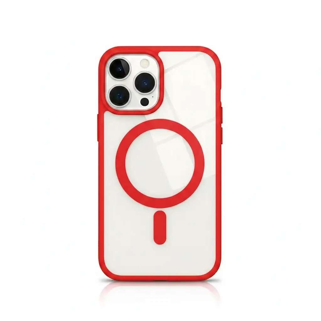 Apple iPhone clear magnetic case with a red bumper, red MagSafe ring and pill accent, and a raised camera surround