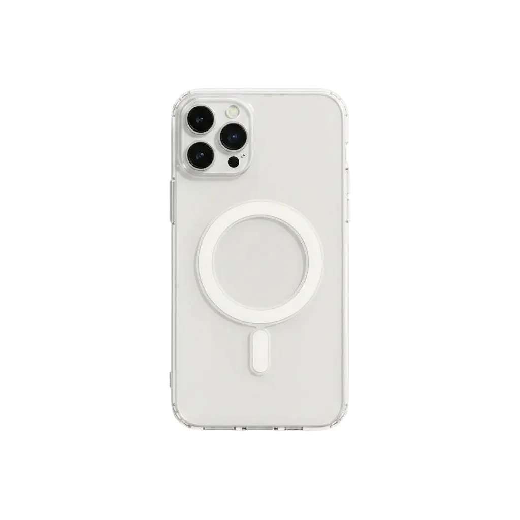 Apple iPhone clear silicone case with a transparent finish and raised white MagSafe ring on the back