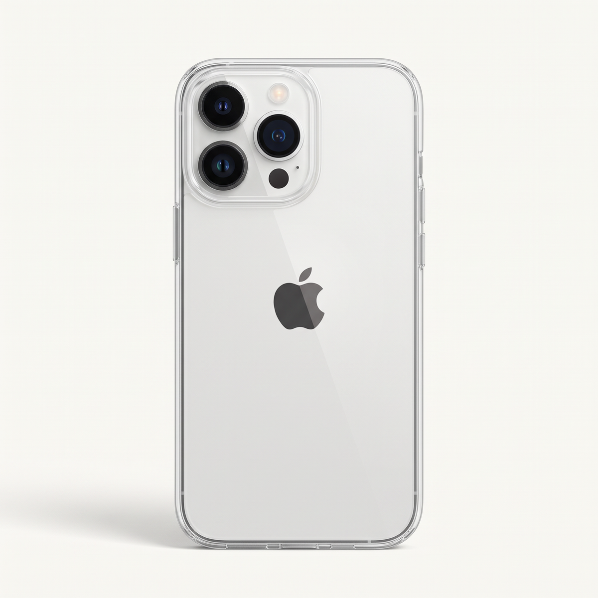 Apple iPhone in a clear silicone protective case, showing a silver finish, triple rear cameras and transparent edges