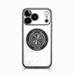 Apple iPhone case in clear and silver with a black circular magnetic ring holder and raised camera protection