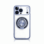 Apple iPhone case in clear and silver with a blue-edged shell, triple camera cutouts and a circular rotating ring holder