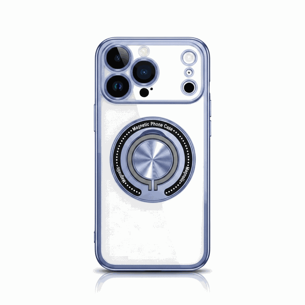 Apple iPhone case in clear and silver with a blue-edged shell, triple camera cutouts and a circular rotating ring holder
