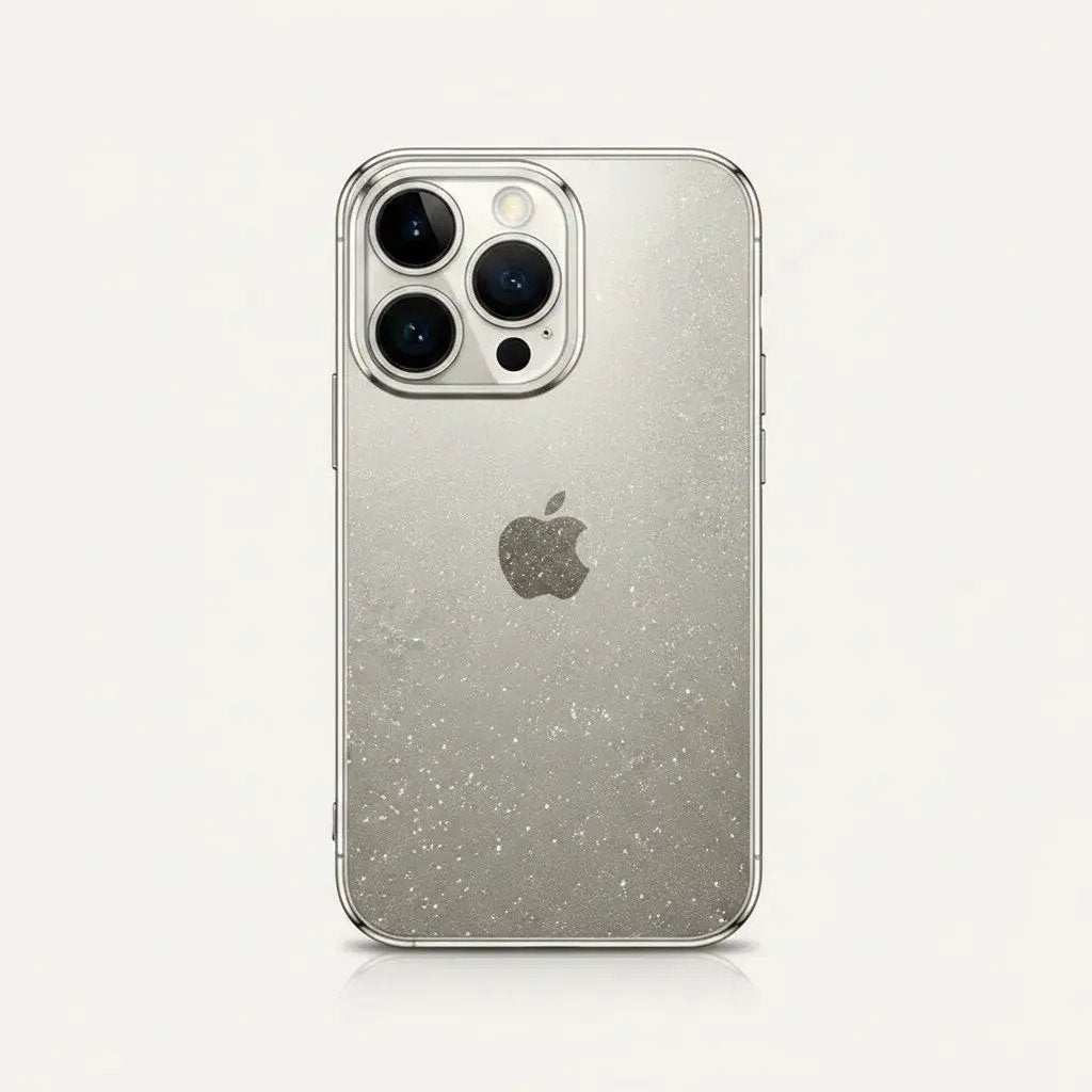 Apple iPhone case with a clear silver glitter back, slim electroplated edges, and raised camera protection