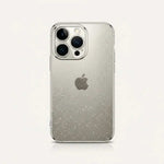 Apple iPhone case with a clear silver glitter back, slim electroplated edges, and raised camera protection