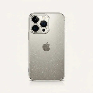 Apple iPhone case with a clear silver glitter back, slim electroplated edges, and raised camera protection