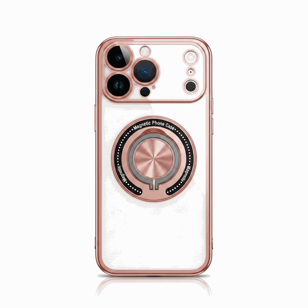 Apple iPhone case in clear white with rose gold edges and a circular rotating ring holder
