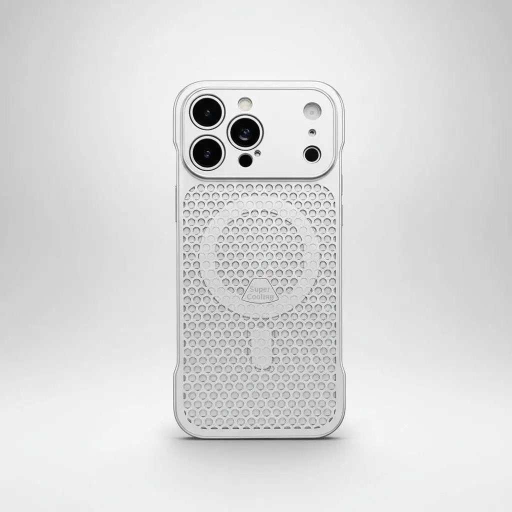 Apple iPhone cooling case in a clear finish with a raised honeycomb-textured back and protective camera rim