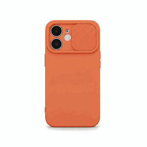 Apple iPhone case in coral orange soft silicone with a smooth finish and a sliding camera lens protector