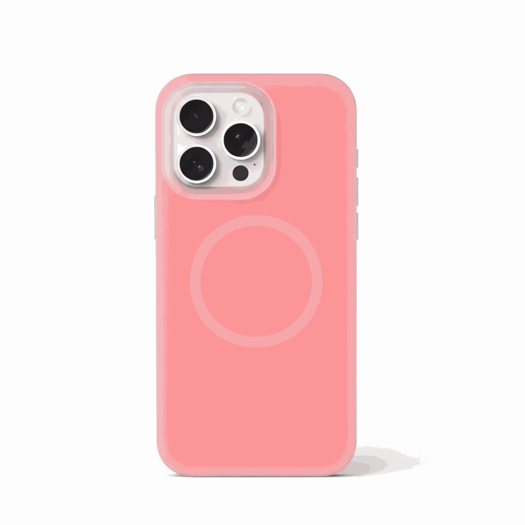 Apple iPhone case in coral pink with a smooth, translucent finish, raised camera surround and MagSafe ring