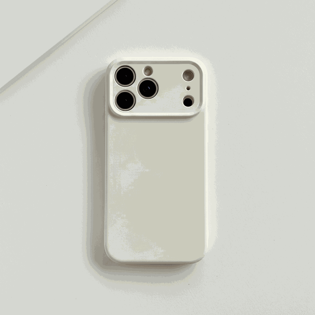 Apple iPhone case in pale cream with a smooth silicone finish and raised camera edge around multiple rear lenses