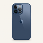 Apple iPhone in a dark blue glossy case with a raised triple-camera surround and Apple logo visible