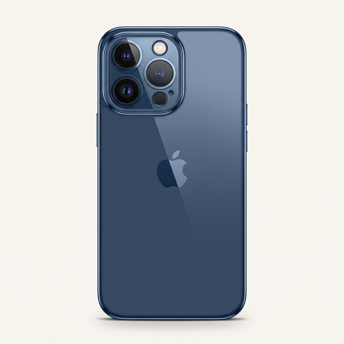 Apple iPhone in a dark blue glossy case with a raised triple-camera surround and Apple logo visible