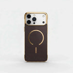 Apple iPhone case in dark brown checkerboard texture with gold edging and a matching MagSafe ring design