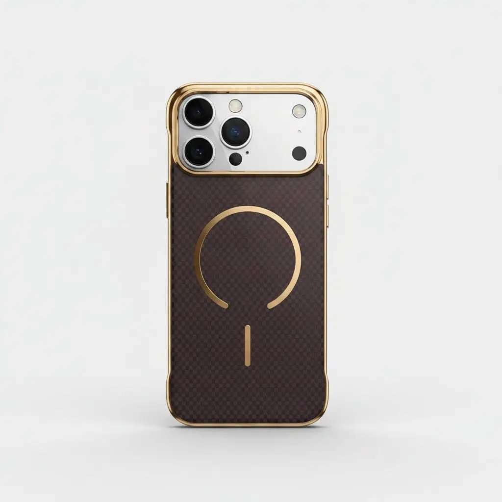 Apple iPhone case in dark brown checkerboard texture with gold edging and a matching MagSafe ring design