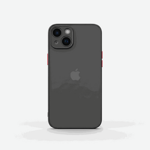 Apple iPhone case in dark charcoal matte material with a visible Apple logo, raised dual-camera guard, and red side buttons