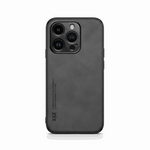Apple iPhone case in dark charcoal textured leather-look material with a slim design and raised camera edges