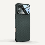 Apple iPhone case in dark gray with a black checkered woven-look texture, slim edges and a raised camera rim