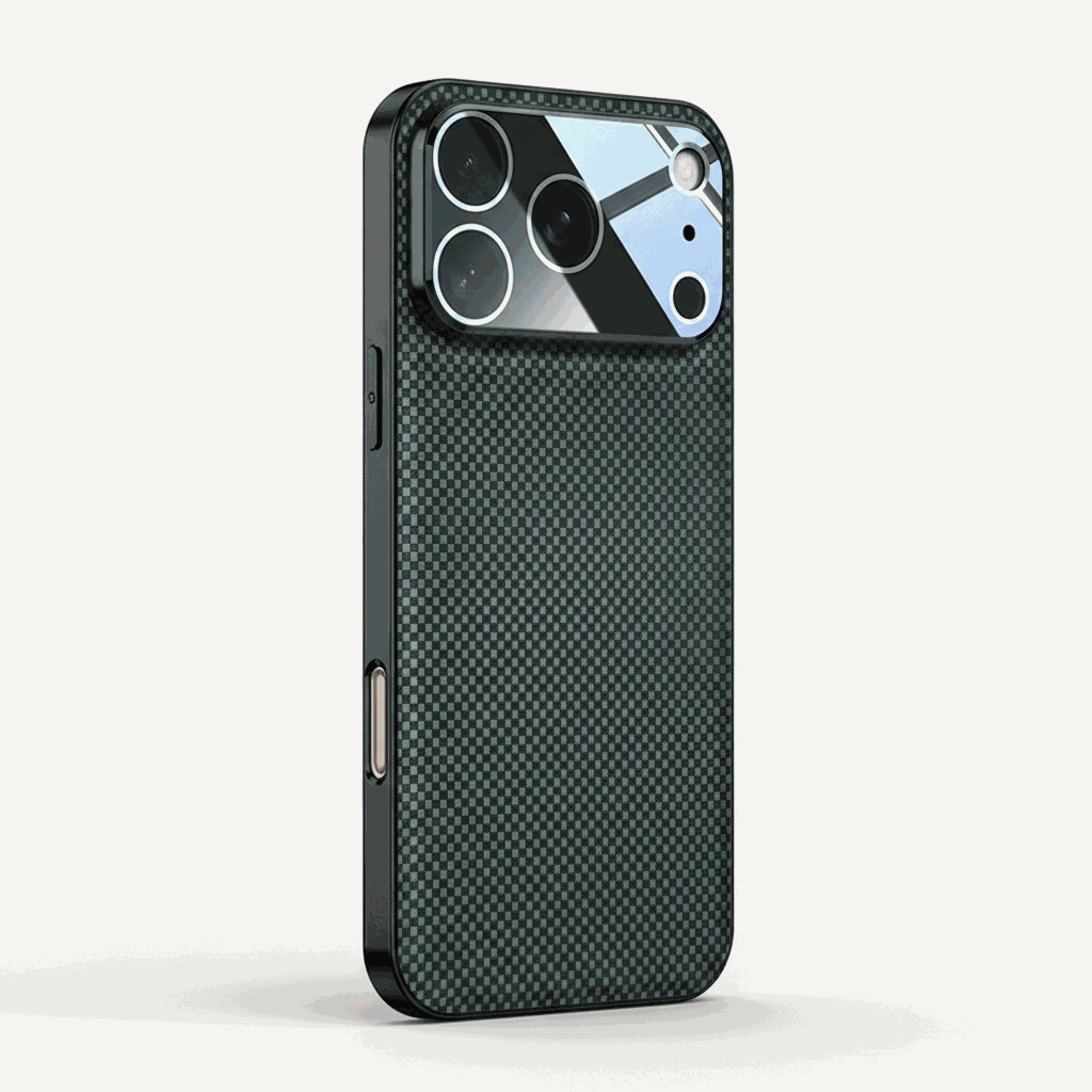Apple iPhone case in dark gray with a black checkered woven-look texture, slim edges and a raised camera rim