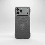 Apple iPhone cooling case in dark gray with a textured honeycomb back, circular MagSafe area, and raised camera rim