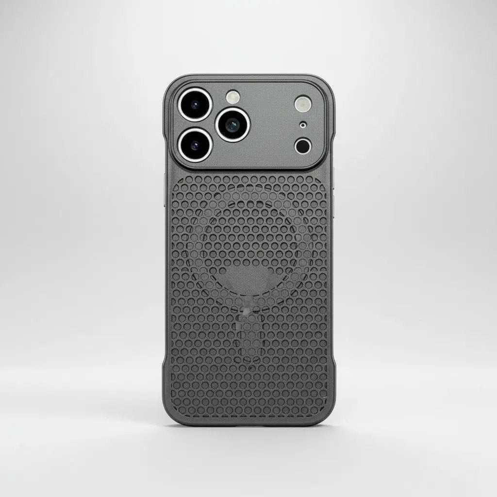 Apple iPhone cooling case in dark gray with a textured honeycomb back, circular MagSafe area, and raised camera rim
