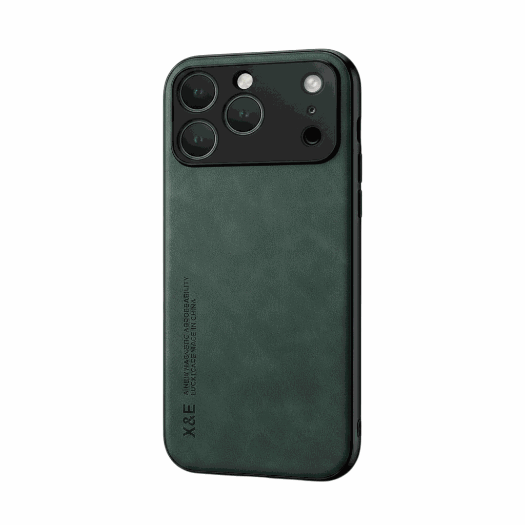 Apple iPhone case in dark green textured leather-look material with a slim fit and raised camera surround