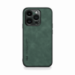 Apple iPhone case in dark green textured leather-look material with a smooth back and raised triple-camera surround