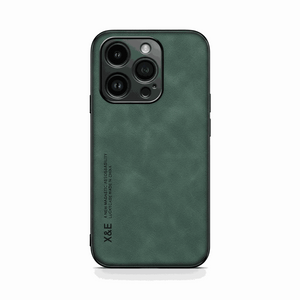 Apple iPhone case in dark green textured leather-look material with a smooth back and raised triple-camera surround