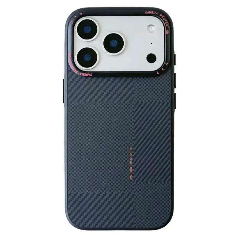 Apple iPhone case in dark grey carbon fibre-style weave with a slim profile and raised camera protection