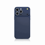 Apple iPhone case in dark navy with a smooth finish, raised camera lens guard, and visible circular lens cutouts