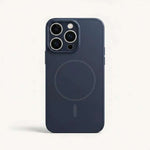 Apple iPhone case in dark navy with a frosted matte finish, raised camera surround and visible MagSafe ring